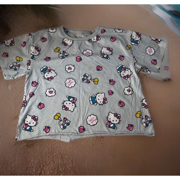 Hello Kitty Women’s Cut Off Hem T-Shirt Gray Graphic All Over  Print Medium - Picture 1 of 12